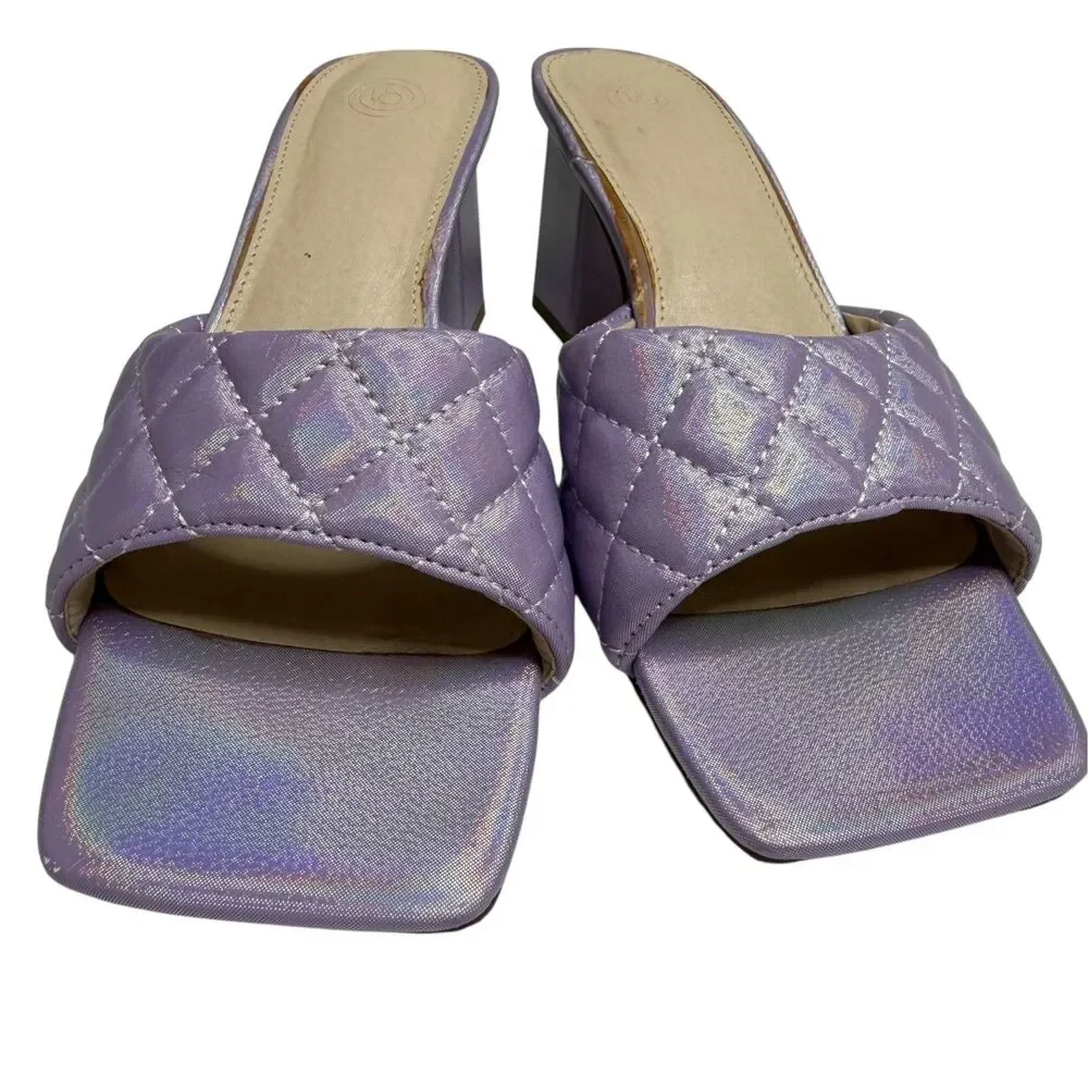 Urban Outfitters Callie Quilted Mule Slide Pump Sandal Shoe Block Heel Purple 8